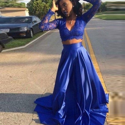 Royal blue a-line v-neck lace long sleeves taffeta prom dresses 2017