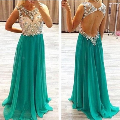 A-Line Sleeveless Natural Backless Beading Chiffon Teal Prom Dresses 