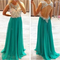 A-Line Sleeveless Natural Backless Beading Chiffon Teal Prom Dresses  - Thumbnail 1
