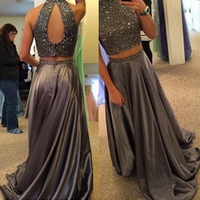 Long A-line High Neck Two Pieces Satin Light Slated Grey Prom Dresses  - Thumbnail 1