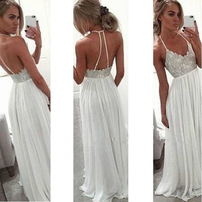 White Appliques Halter A-line Chiffon Prom Dresses 201