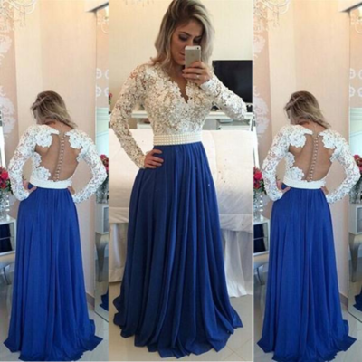 Blue Beading Appliques A-line Chiffon Prom Dresses 2017