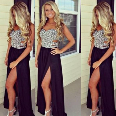 Beading sweetheart a-line chiffon black prom dresses 