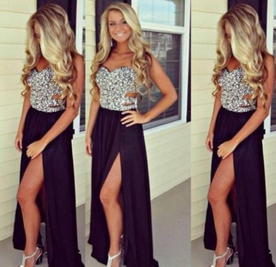 Beading Sweetheart A-line Chiffon Black Prom Dresses 