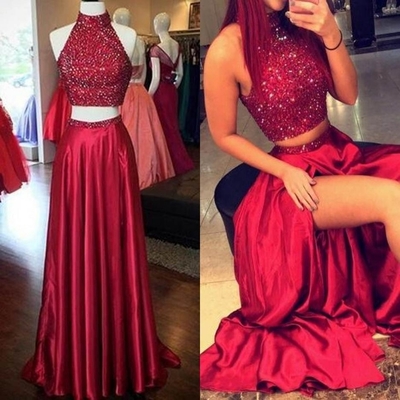 Burgundy Sequins High-Slit Taffeta Two Pieces Prom Dresses 2017