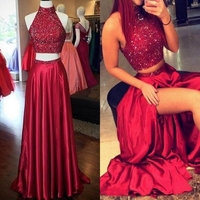 Burgundy Sequins High-Slit Taffeta Two Pieces Prom Dresses 2017 - Thumbnail 1