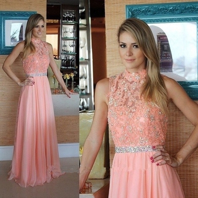 A-line high neck sleeveless floor-length chiffon pink prom dresses
