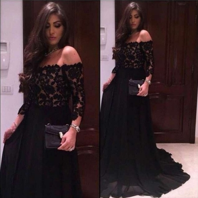 Black off-the-shoulder a-line chiffon prom dresses 2017