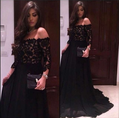 Black Off-the-Shoulder A-line Chiffon Prom Dresses 2017