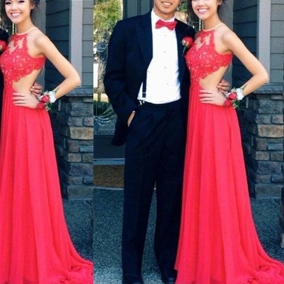 Red long a-line halter sweep/brush train chiffon prom dresses 2017 