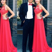 Red Long A-Line Halter Sweep/Brush Train Chiffon Prom Dresses 2017  - Thumbnail 1
