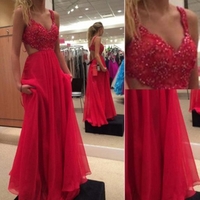 Red Long A-Line Beading Straps Chiffon Prom Dresses 2017  - Thumbnail 1