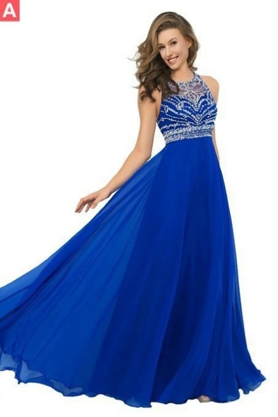 Blue Beading A-line Chiffon Prom Dresses 2017