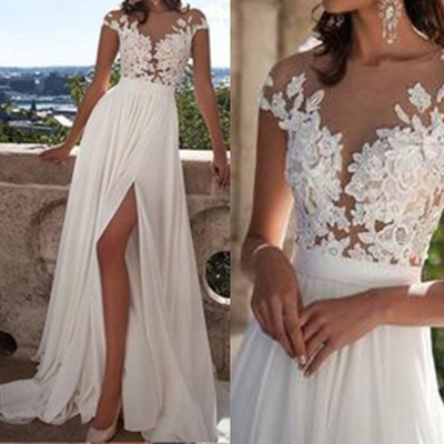 White Split Front Appliques Sweep Train Chiffon Prom Dresses 2017 