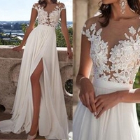 White Split Front Appliques Sweep Train Chiffon Prom Dresses 2017  - Thumbnail 1