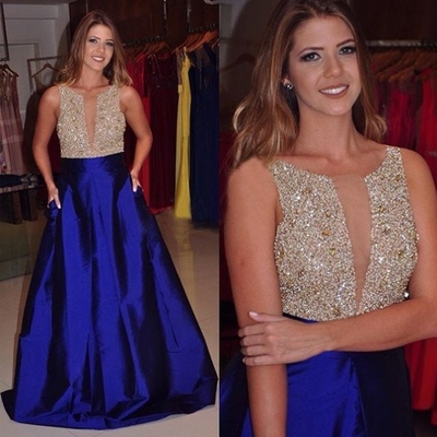 Beading round neck a-line satin prom dresses 2017