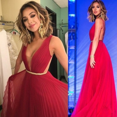 Red long sheath/column v-neck pleats chiffon prom dresses 2017