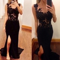 Black Sleeveless Natural Appliques Split Front Sheath Prom Dresses  - Thumbnail 1