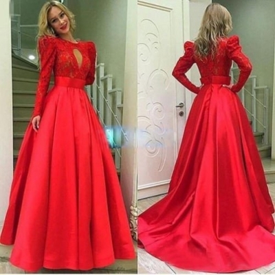 Red long sleeves ball gown satin prom dresses - Thumbnail 2