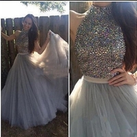 A-Line Sleeveless Natural Zipper Floor-Length Tulle Silver Prom Dresses - Thumbnail 1