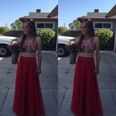 Red beading floor-length chiffon prom dresses 2017