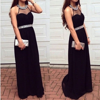 Black a-line sleeveless natural floor-length chiffon prom dresses 2017