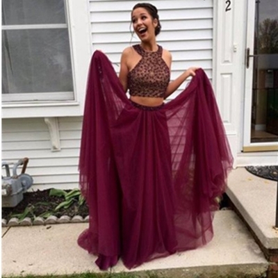 Sheath/column halter sleeveless floor-length tulle prom dresses 2017 - Thumbnail 2