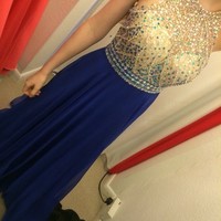 Shining Royal Blue Prom Party Dresses Princess Guest Backless Two Straps High Neck Cross Sequined Crystal Chiffon Formal Evening Pageant Dre - Thumbnail 1