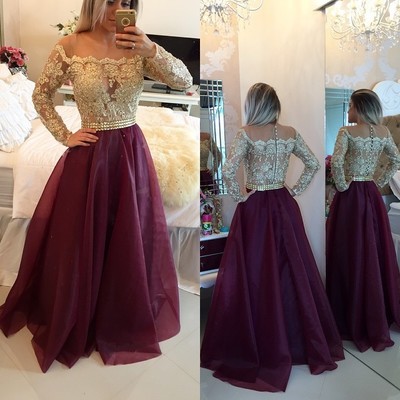 Long sleeves prom dresses gold illusion lace beaded burgundy a-line gorgeous evening gowns