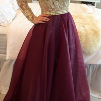 Long Sleeves Prom Dresses Gold Illusion Lace Beaded Burgundy A-line Gorgeous Evening Gowns - Thumbnail 1