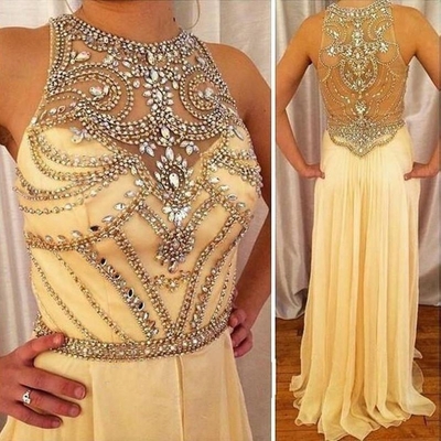 A-line jewel sleeveless natural zipper floor-length chiffon champagne prom dresses 2017 