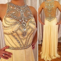 A-line Jewel Sleeveless Natural Zipper Floor-Length Chiffon Champagne Prom Dresses 2017  - Thumbnail 1
