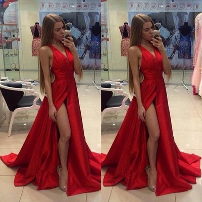 Red V-Neck High-Slit A-line Satin Prom Dresses 2017