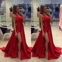 Red V-Neck High-Slit A-line Satin Prom Dresses 2017 - Thumbnail 1