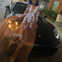 Prom Dresses,Prom Dress,V-neck A-line Lace-Appliques Newest Long-Sleeve Evening Dress - Thumbnail 1