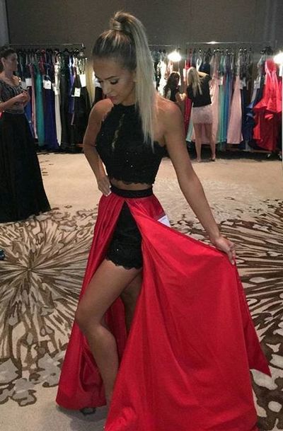 Black Red Two Piece Shorts Prom Dress, Pageant Dresses, High Neck Prom Dress, Lace Prom Dress, Two Pieces Prom Dress, Senior Prom Dress, 