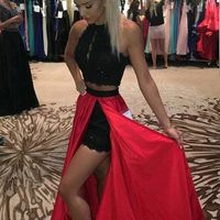 Black Red Two Piece Shorts Prom Dress, Pageant Dresses, High Neck Prom Dress, Lace Prom Dress, Two Pieces Prom Dress, Senior Prom Dress,  - Thumbnail 1