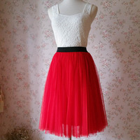 Red Tea Length Tulle Midi Skirt Outfit Custom Plus Size Bridesmaid Tulle Midi Skirt - Thumbnail 1