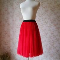 Red Tea Length Tulle Midi Skirt Outfit Custom Plus Size Bridesmaid Tulle Midi Skirt - Thumbnail 2