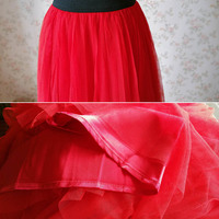 Red Tea Length Tulle Midi Skirt Outfit Custom Plus Size Bridesmaid Tulle Midi Skirt - Thumbnail 3