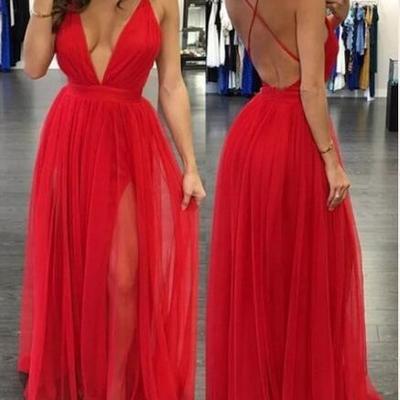 Black deep v-neck tulle long prom dresses,evening dress,formal dress