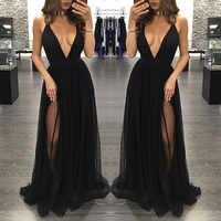 Black Deep V-neck Tulle Long Prom Dresses,Evening Dress,Formal Dress - Thumbnail 1