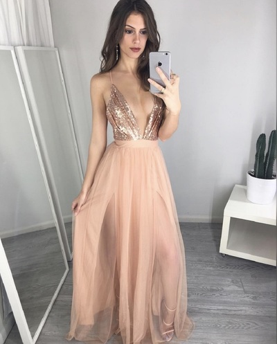 Unique V Neck Sequin Long Prom Dress, Evening Dress