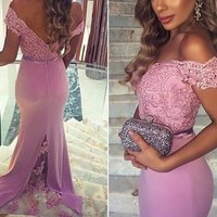 HOT Burgundy Off-shoulder Mermaid Embroidery Floor-Length Long Prom Dresses,Evening Dresses - Thumbnail 2