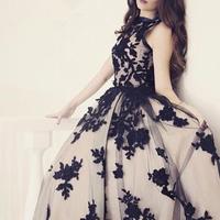 Black Round Neck Tulle Long Prom Dress, Black Evening Dresses A-Line Formal Dress,Party Gown - Thumbnail 1