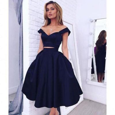 New Cheap Two Pieces Homecoming Dresses Party Dresses Off The Shoulder Sexy Black Girl Prom Dress Tea Length Black Graduation Dress Cheap