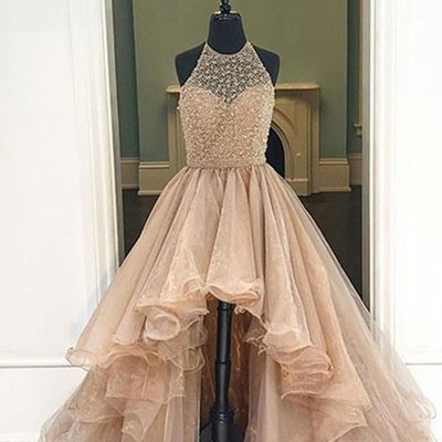 Champagne organza prom dress, high low dress, ball gown 2017