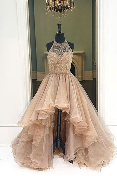 Champagne Organza Prom Dress, High Low Dress, Ball Gown 2017