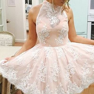 Elegant high neck homecoming dress, sleeveless homecoming dress, short prom dress, illusion back champagne homecoming dress with white lace,