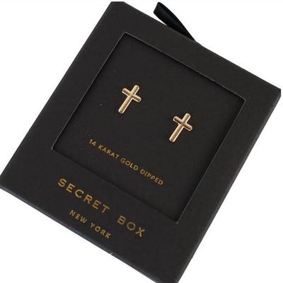 Secret box gold cross earrings